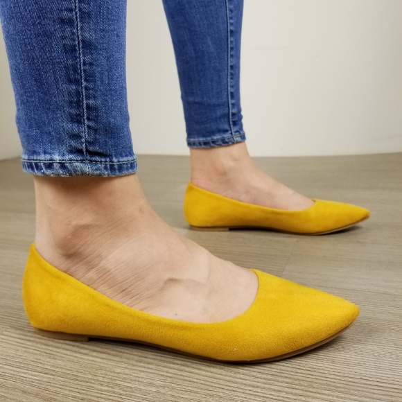 Mustard Yellow Vegan Suede Pointy Toe Flat Shoes - Picture 8 of 8
